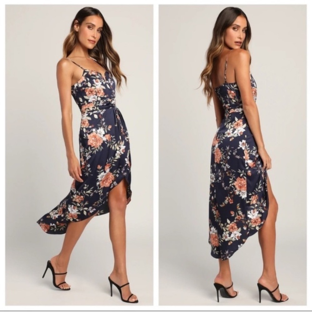 Lulu’s NWT Floral Satin Navy Blue Asymmetrical Midi Dress Small